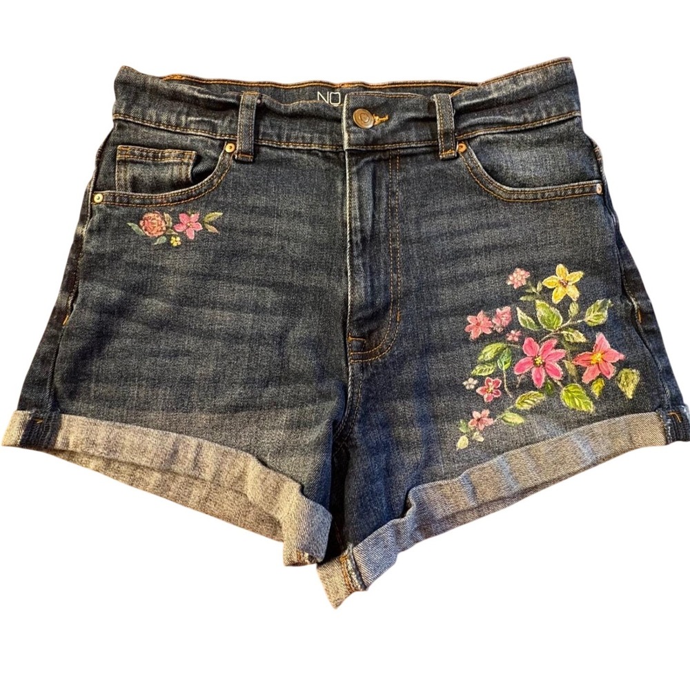 Upcycled Handpainted Denim Shorts Junior Sz 7 Blue Floral High Rise Cuffed OOAK